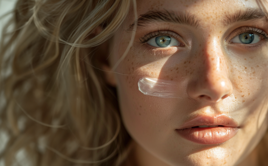 woman with sunscreen swatch on face