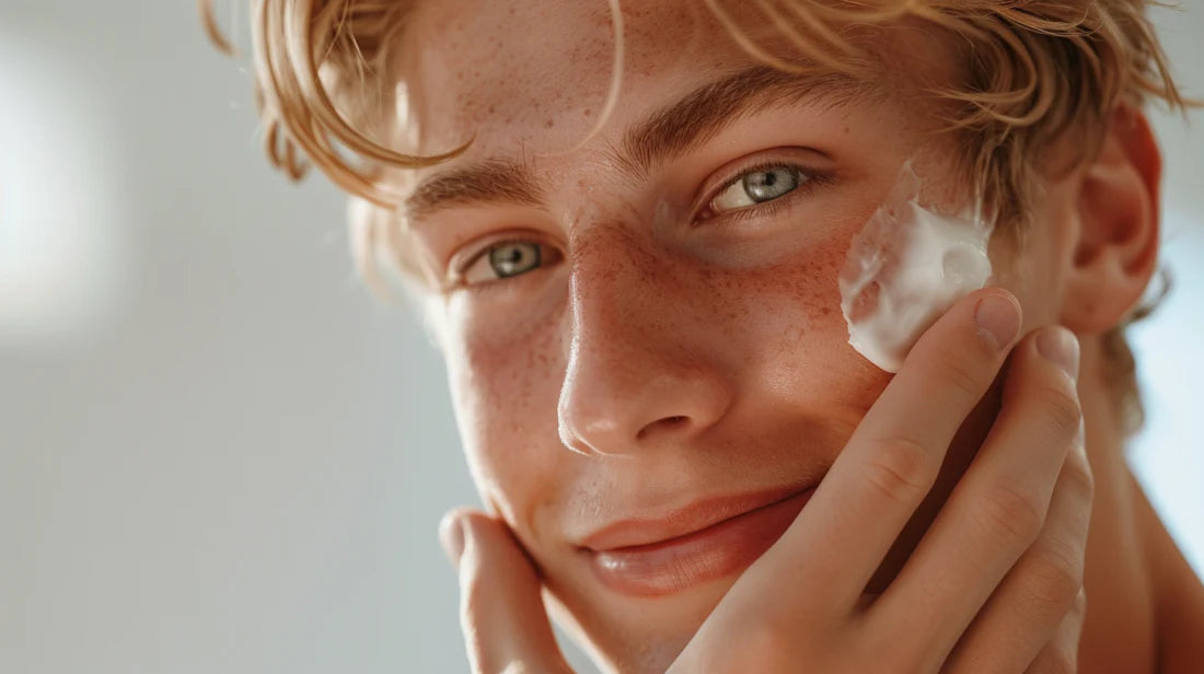 man with sunscreen swatch on face