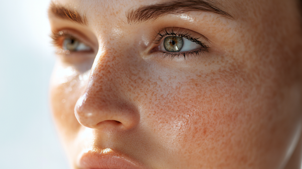 man with sunscreen swatch on face